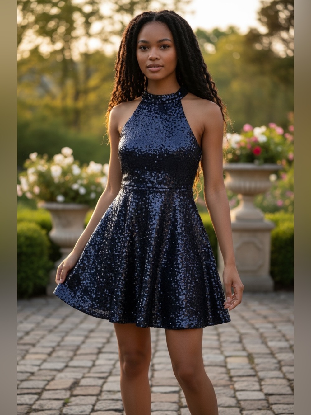 NWOT Lulus Under the Spotlight Navy Blue Sequin Backless Skater Dress Size Small